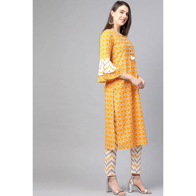 Women's Casual 3/4 th Sleeve Floral Printed Cotton Kurti Set (Mustard)