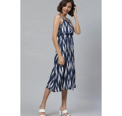 Women's Casual Sleeveless Ikat Print Rayon Dress (Blue)