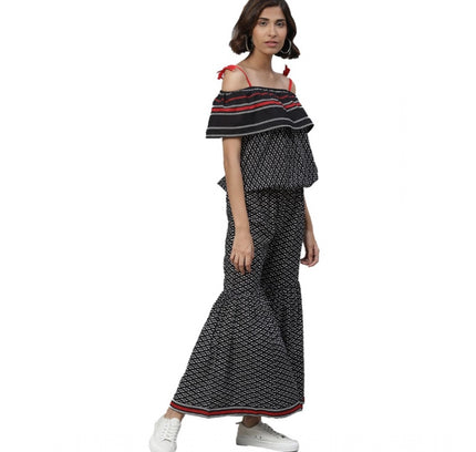 Women's Casual shoulder sleeve Geomatrical Printed Cotton Dress (Black)