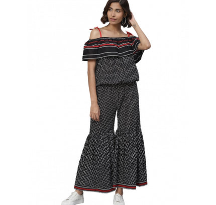 Women's Casual shoulder sleeve Geomatrical Printed Cotton Dress (Black)