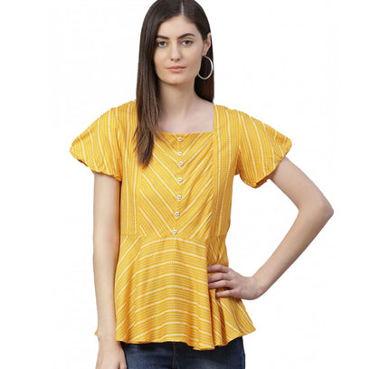 Women's Casual Short Sleeves Stripe Printed Rayon Top (Mustard)