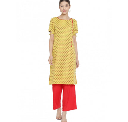 Women's Casual Short Sleeves Floral Printed Cotton &amp; Rayon Kurti Palazzo Set (Yellow &amp; Red)