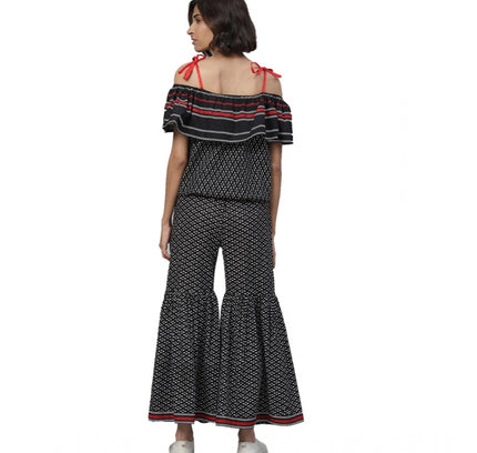 Women's Casual shoulder sleeve Geomatrical Printed Cotton Dress (Black)