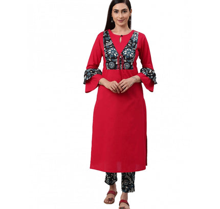 Women's Casual Bell Sleeves Floral Printed Cotton Kurti Set (Rani Pink)