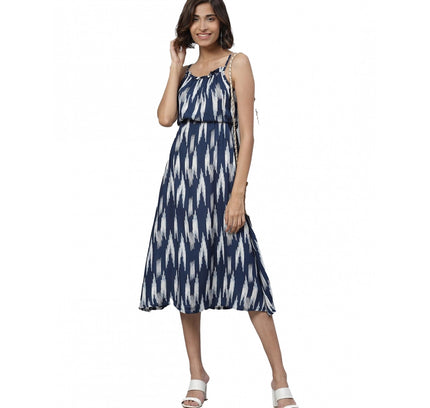 Women's Casual Sleeveless Ikat Print Rayon Dress (Blue)