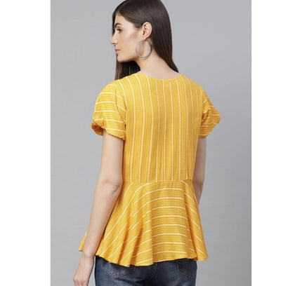 Women's Casual Short Sleeves Stripe Printed Rayon Top (Mustard)