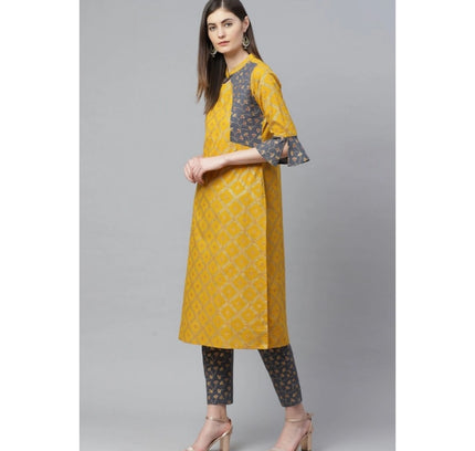 Women's Casual Bell Sleeves Geomatrical Printed Cotton Kurti Set (Yellow)