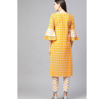 Women's Casual 3/4 th Sleeve Floral Printed Cotton Kurti Set (Mustard)