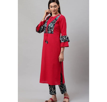 Women's Casual Bell Sleeves Floral Printed Cotton Kurti Set (Rani Pink)