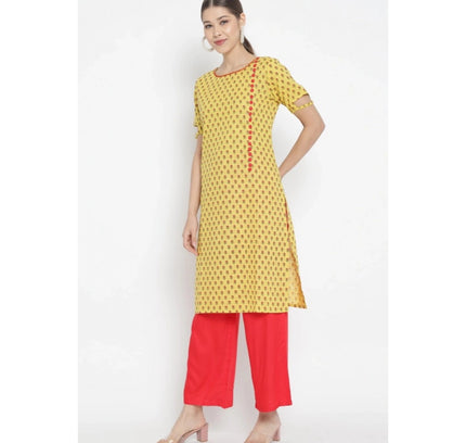 Women's Casual Short Sleeves Floral Printed Cotton &amp; Rayon Kurti Palazzo Set (Yellow &amp; Red)