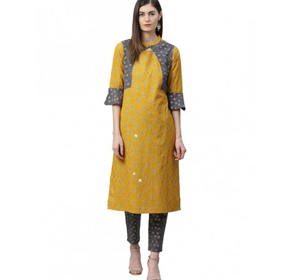 Women's Casual Bell Sleeves Geomatrical Printed Cotton Kurti Set (Yellow)