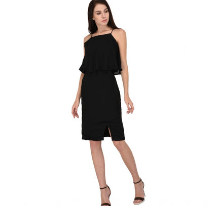 Women's Cotton Blend Solid Sleeveless Dress (Black)