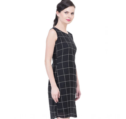 Women's Cotton Blend Checked Sleeveless Sheath Dress (Black)