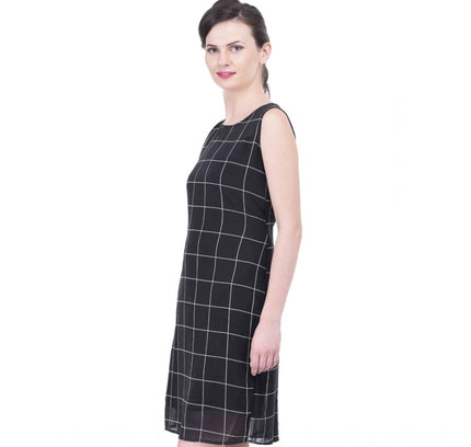 Women's Cotton Blend Checked Sleeveless Sheath Dress (Black)