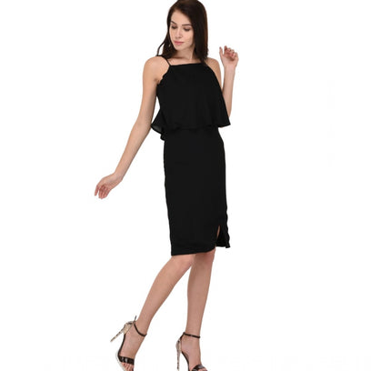Women's Cotton Blend Solid Sleeveless Dress (Black)