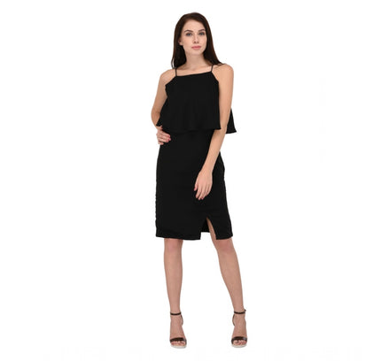 Women's Cotton Blend Solid Sleeveless Dress (Black)