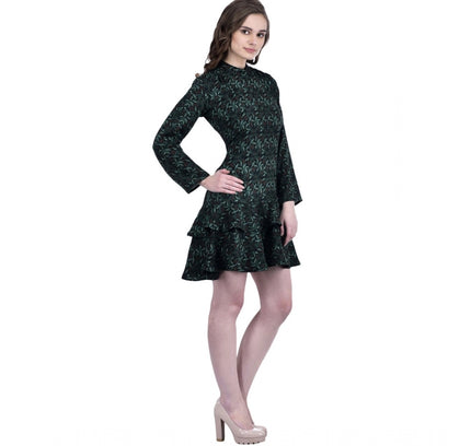 Women's Cotton Blend Floral Full Sleeves Dress (Green)