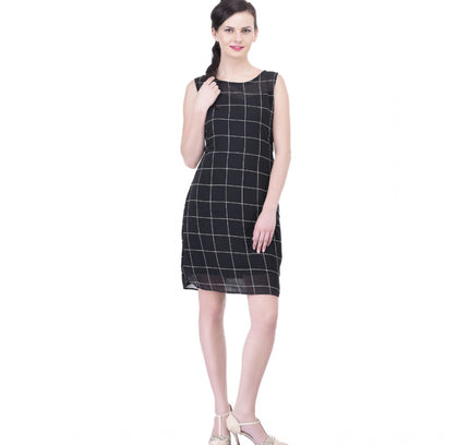 Women's Cotton Blend Checked Sleeveless Sheath Dress (Black)