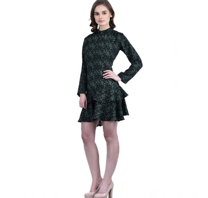 Women's Cotton Blend Floral Full Sleeves Dress (Green)