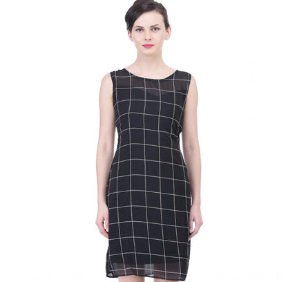 Women's Cotton Blend Checked Sleeveless Sheath Dress (Black)
