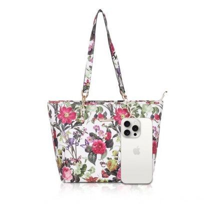 Women's Faux Leather Printed Tote Bag (White Pink)