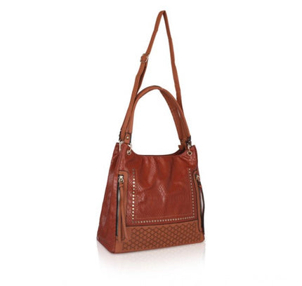 Women's Faux Leather Textured Tote Bag (Brown)