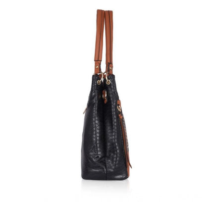 Women's Faux Leather Textured Tote Bag (Black)