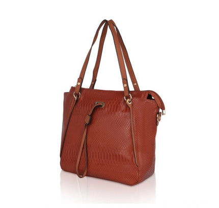 Women's Faux Leather Textured Tote Bag (Brown)