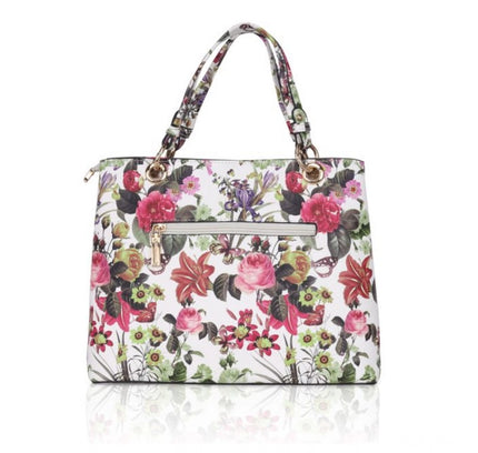 Women's Faux Leather Printed Handheld Bag (White Pink)