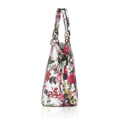 Women's Faux Leather Printed Handheld Bag (White Pink)