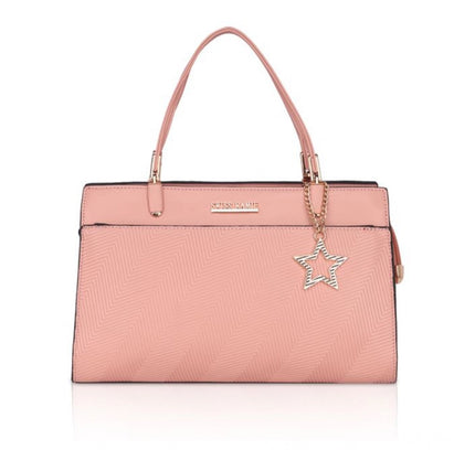 Women's Faux Leather Textured Adjustable Long Belt Handbag (Pink)