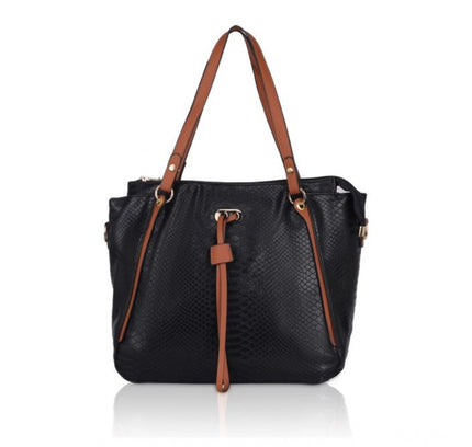 Women's Faux Leather Textured Tote Bag (Black)