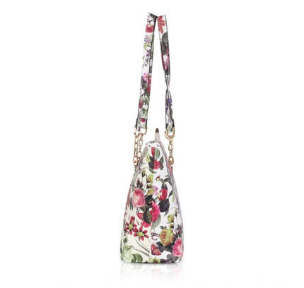 Women's Faux Leather Printed Tote Bag (White Pink)