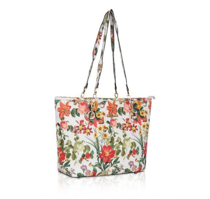 Women's Faux Leather Printed Tote Bag (White Orang)