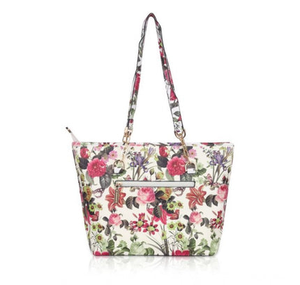 Women's Faux Leather Printed Tote Bag (White Pink)