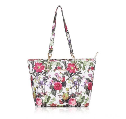 Women's Faux Leather Printed Tote Bag (White Pink)