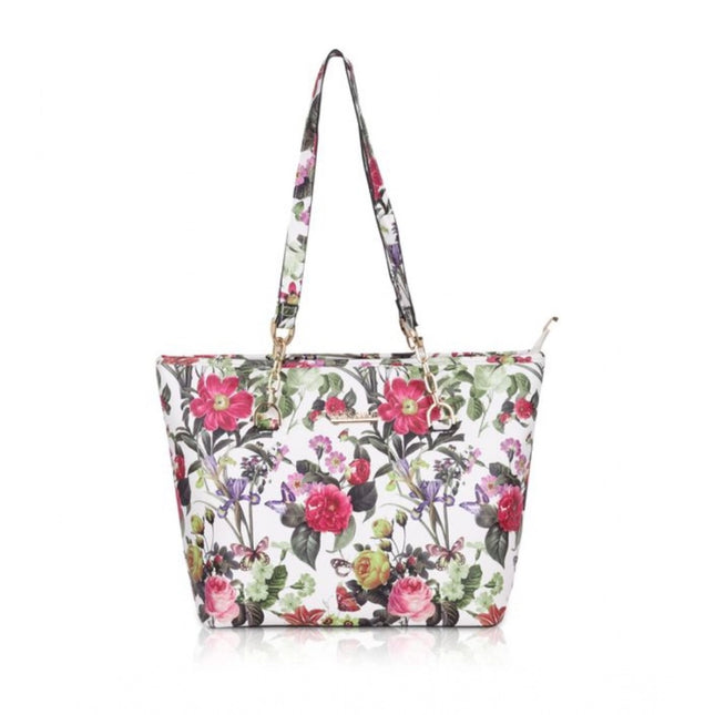 Women's Faux Leather Printed Tote Bag (White Pink)