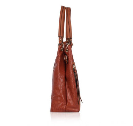 Women's Faux Leather Textured Tote Bag (Brown)