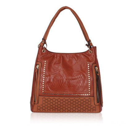 Women's Faux Leather Textured Tote Bag (Brown)