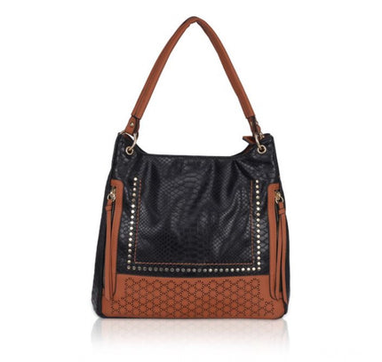 Women's Faux Leather Textured Tote Bag (Black)