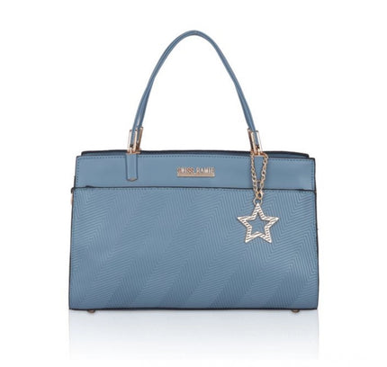 Women's Faux Leather Textured Adjustable Long Belt Handbag (Blue)