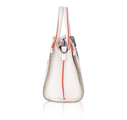 Women's Faux Leather Metal Beads Handbag (White)
