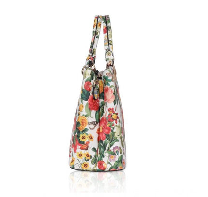 Women's Faux Leather Printed Handheld Bag (White Orang)