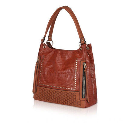 Women's Faux Leather Textured Tote Bag (Brown)