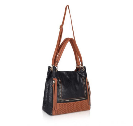 Women's Faux Leather Textured Tote Bag (Black)