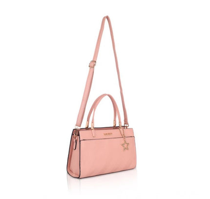 Women's Faux Leather Textured Adjustable Long Belt Handbag (Pink)