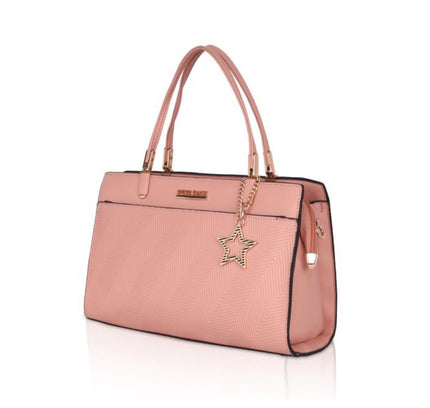 Women's Faux Leather Textured Adjustable Long Belt Handbag (Pink)