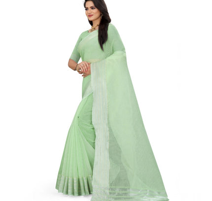 Women's Cotton Jute Self Design Saree With Unstitched Blouse 5.5Mtr (Green)