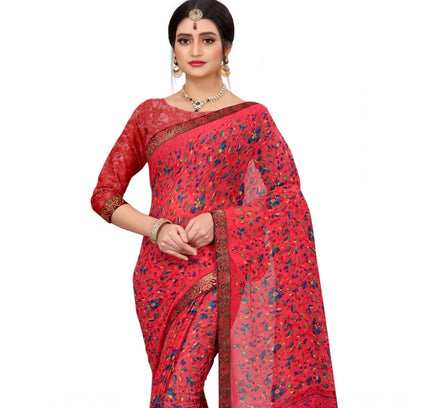 Women's Georgette Floral Print Saree With Unstitched Blouse 5.5Mtr (Red)