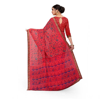 Women's Georgette Floral Print Saree With Unstitched Blouse 5.5Mtr (Red)